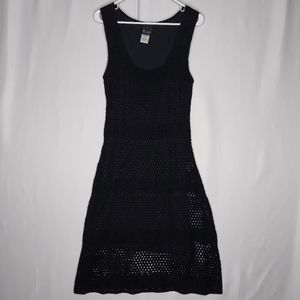 Y2K Crochet Dress Black Sleeveless Scoop Midi Tie Waist Coastal Festival 90s